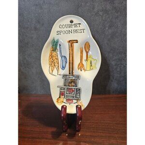 Vintage Ceramic Gourmet Spoon Rest With Hand-Painted Kitchen Utensil & Stove Des